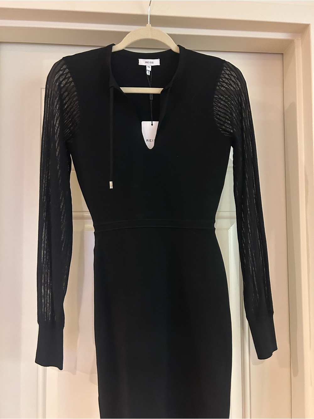 Reiss Black Long-Sleeve Knit Dress with Sheer Sleeves
